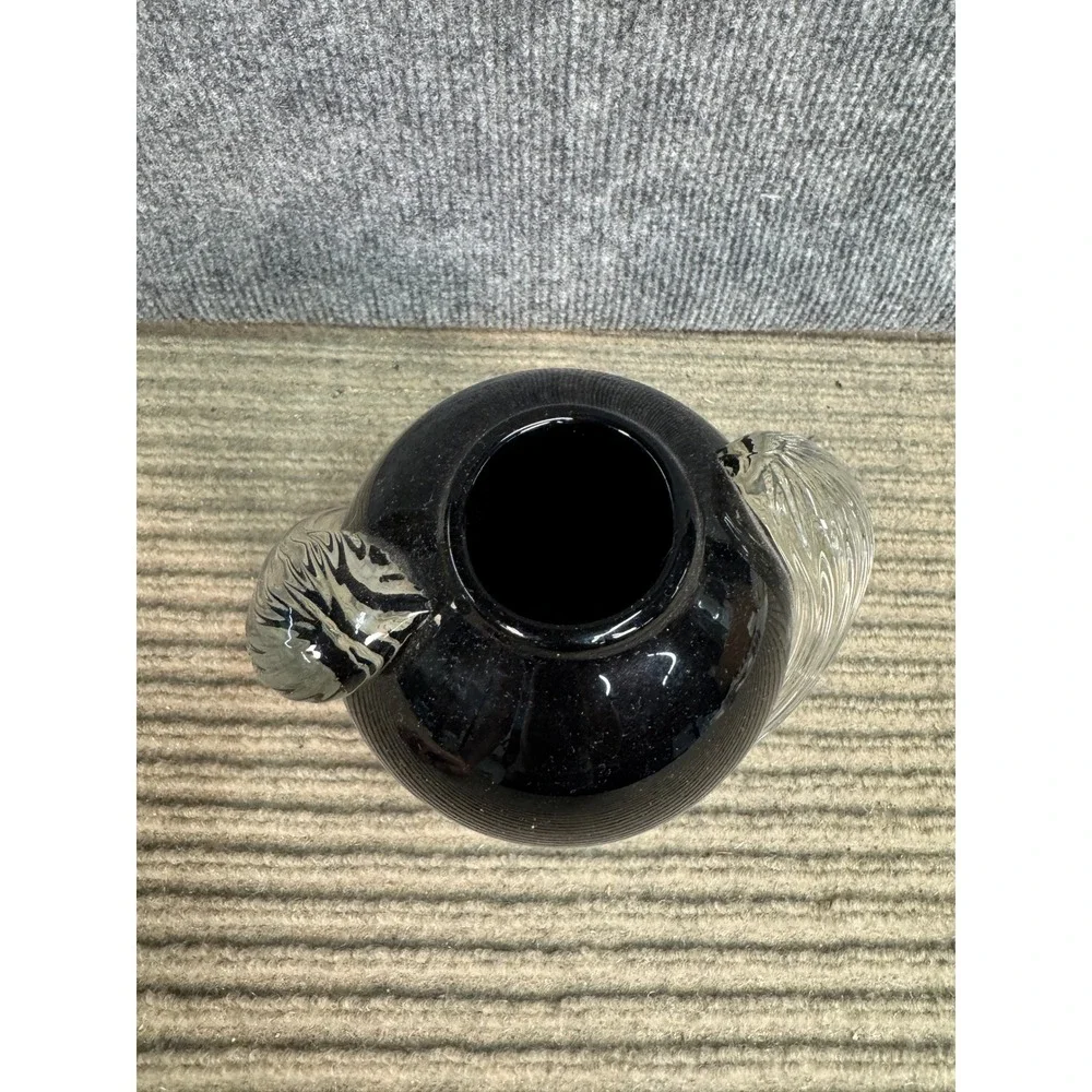 Vintage 1983 Two's Company Handblown Black Glass Vase Clear Ribbed Handles 7in